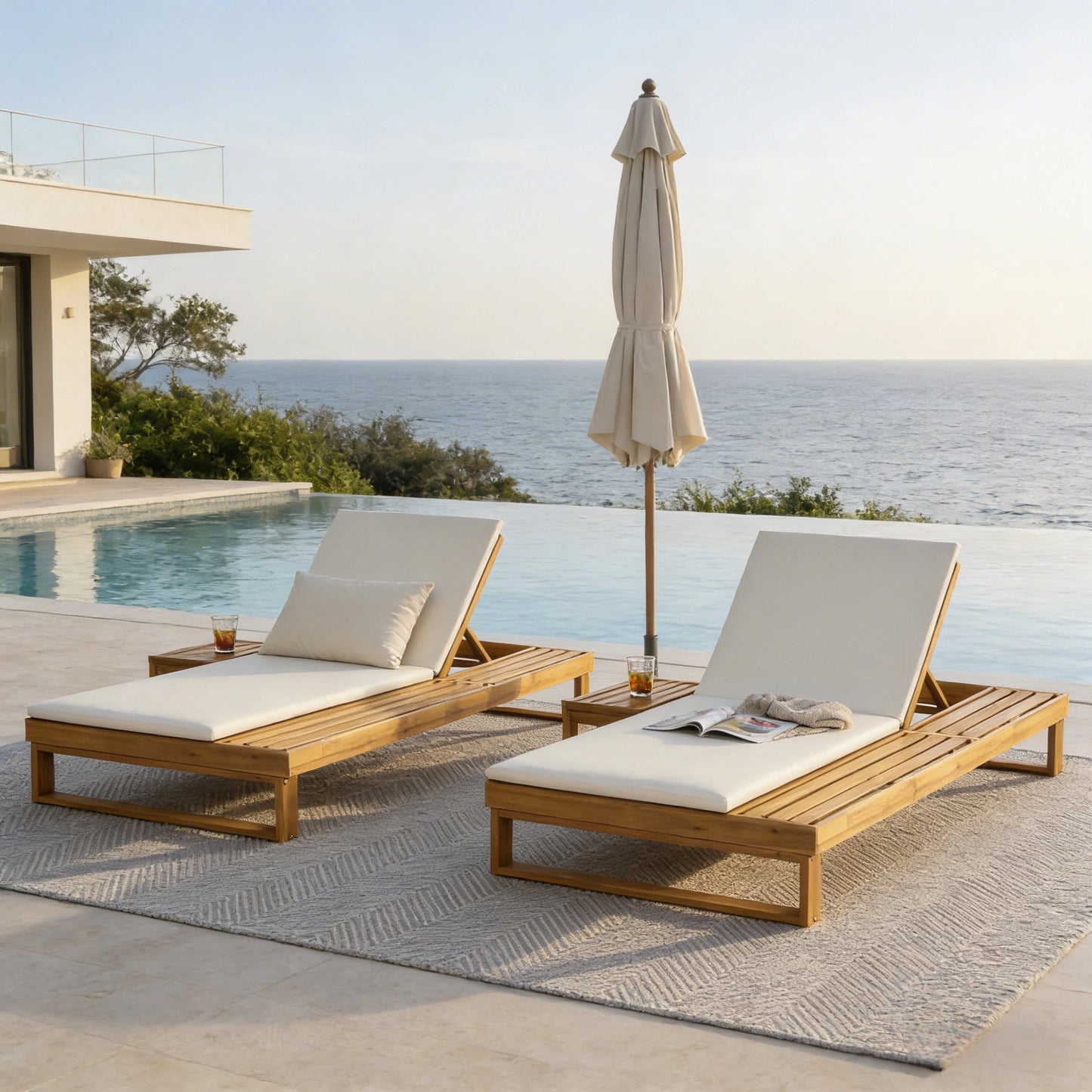 Teak Finish Acacia Wood Chaise Lounge with 1.57-Inch Cushion