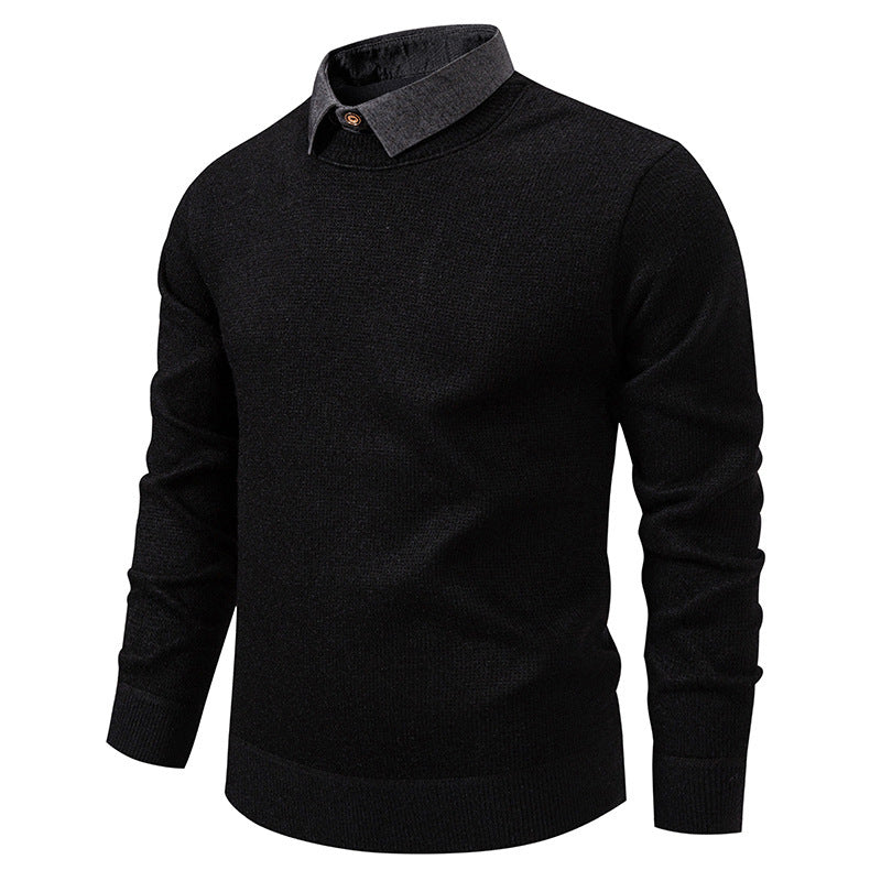 Mens Faux Two-piece Base-layer Knit Casual Shirt-collar Sweater