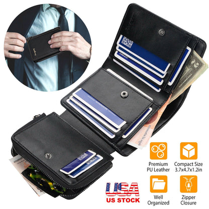 MenÕs Leather Wallet ID Card Holder Purse Trifold Clutch Money Zipper with ID Window_x000B__x000B_14 Credit Card 1 ID Card