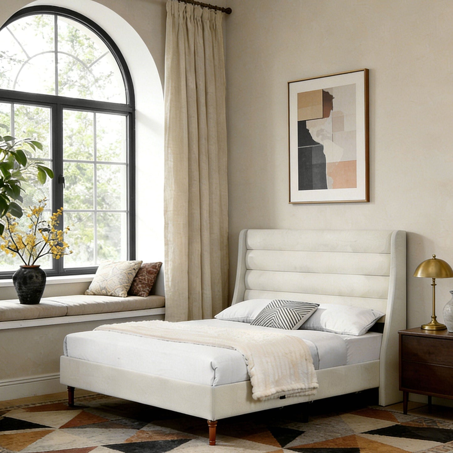 Modern Upholstered Platform Bed With Wave Shaped Headboard
