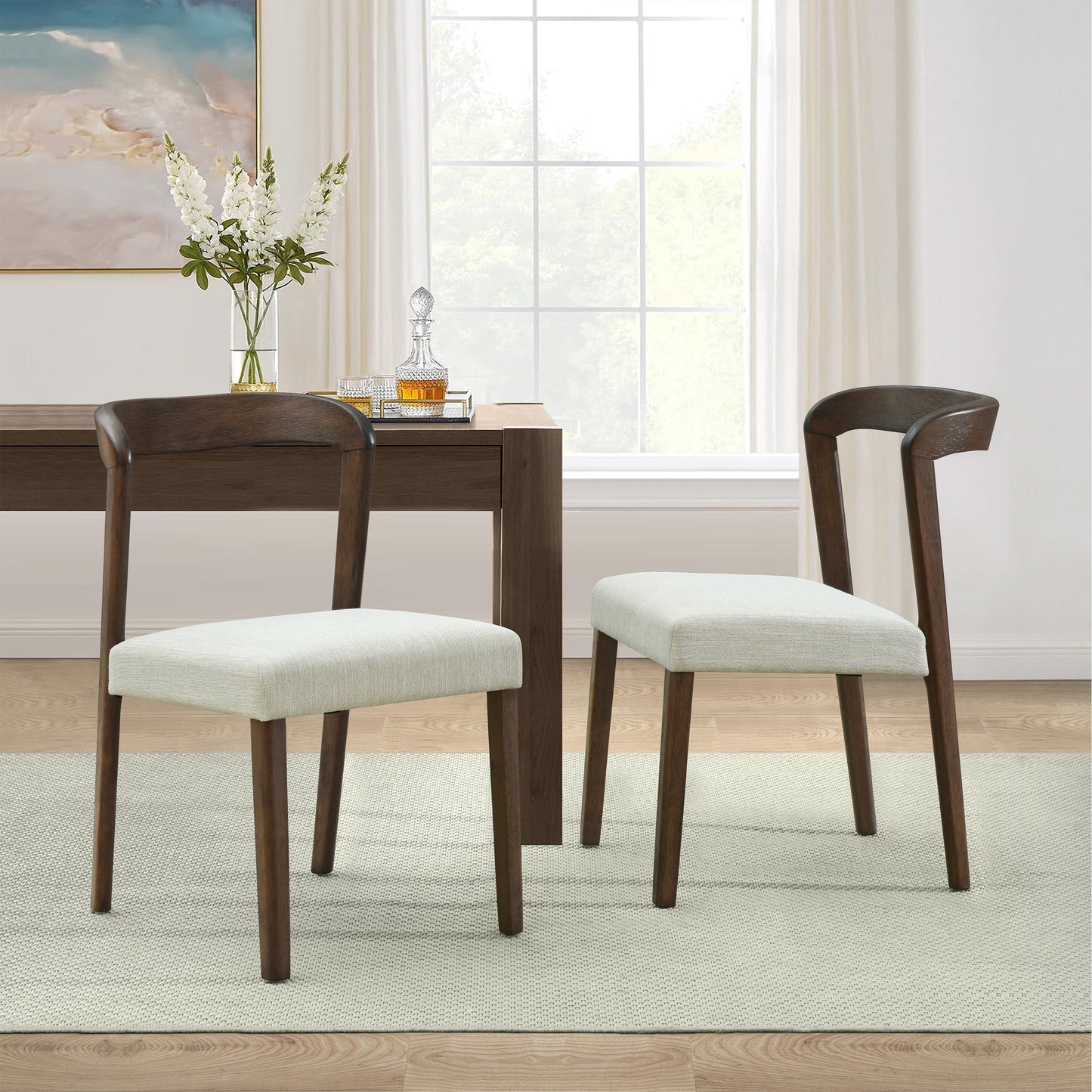 Solid Rubber Wood Dining Chairs (Walnut + Beige) Set of 2