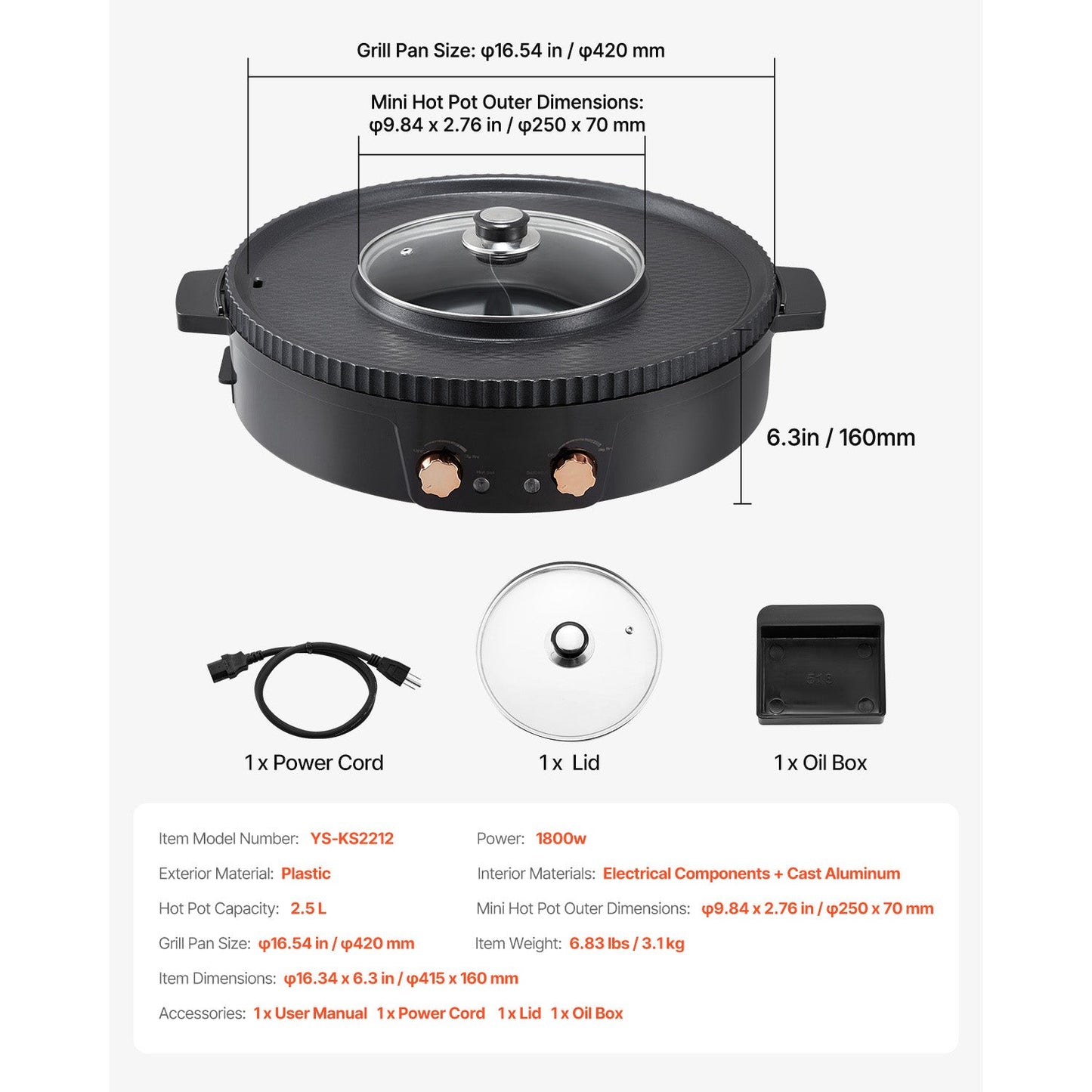 Hot Pot with Grill 1800W 2-in-1 Electric Smokeless Grill Hot Pot for 2-8 People