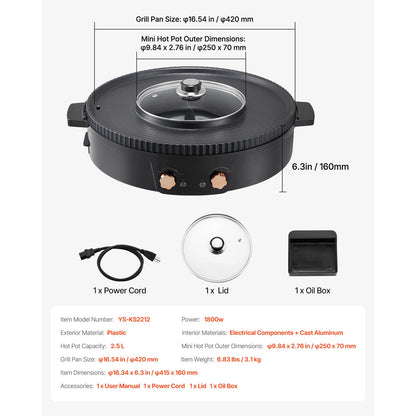 Hot Pot with Grill 1800W 2-in-1 Electric Smokeless Grill Hot Pot for 2-8 People