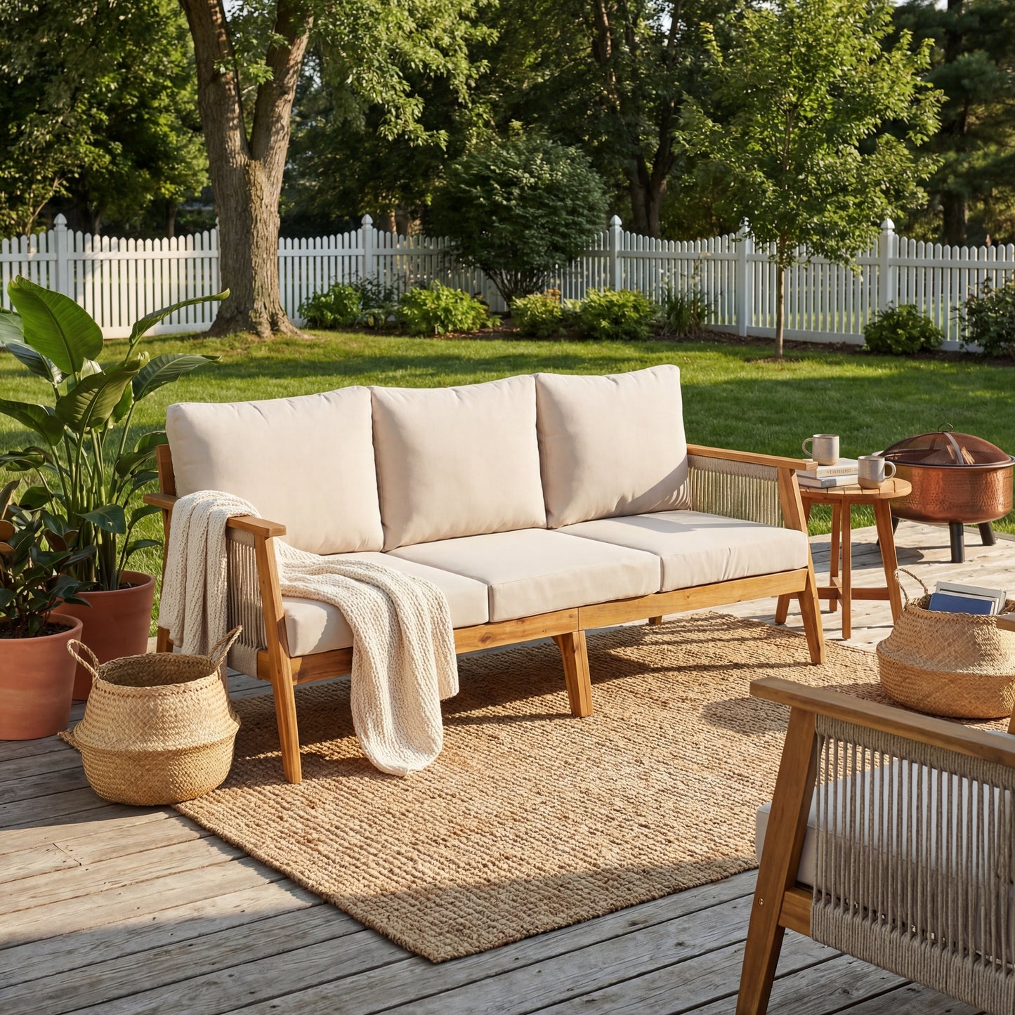 Outdoor Acacia Wood and Rope 3 Seater Patio Sofa