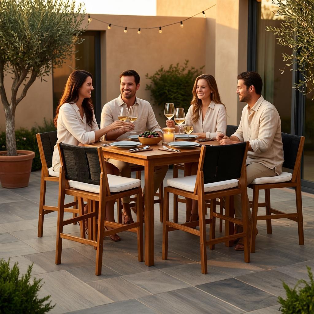 4 Pieces Arly Black Outdoor Bar Stool Solid Acacia Wood and Woven Wicker