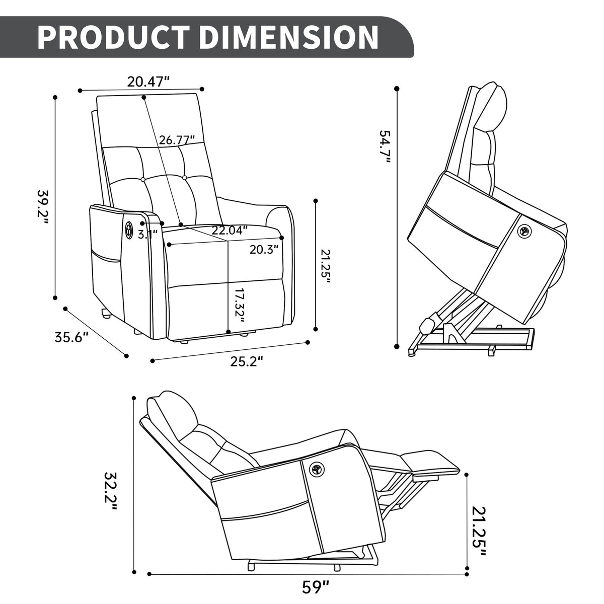 Black PU Single Motor Power Lift Recliner Chair