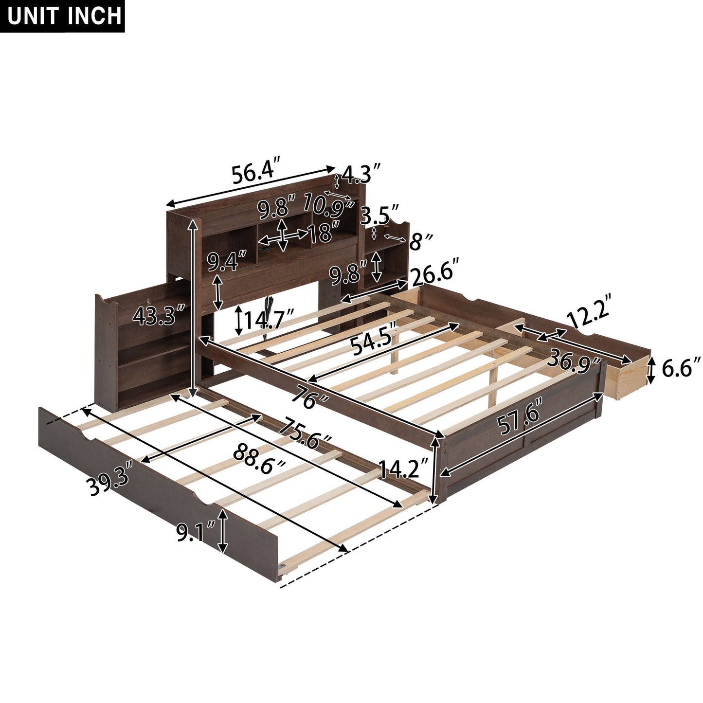 Storage Platform Bed With Pull Out Shelves, Trundle, And 2 Drawers