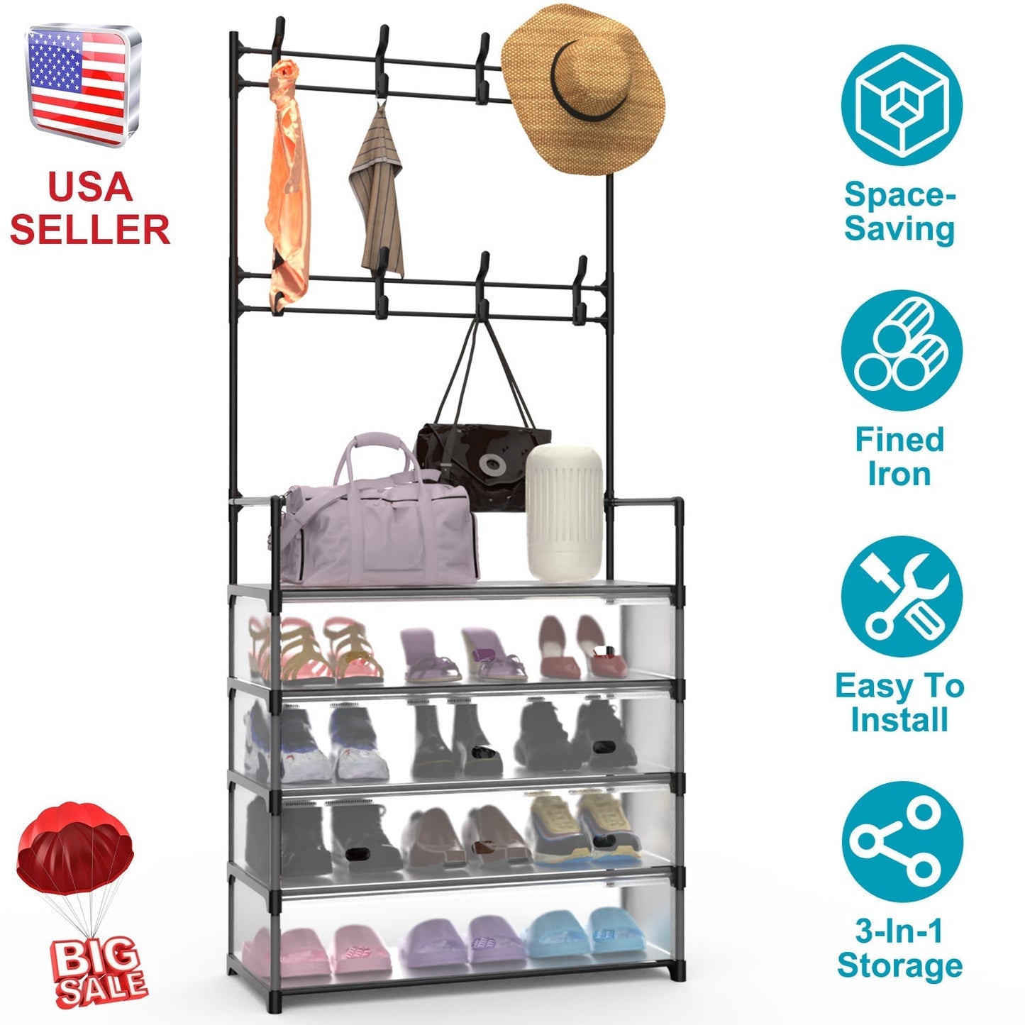 5-Tier Dustproof Entryway Hall Tree Coat Rack Shoe Rack With 8 Removable Hooks Freestanding Shoe Storage Shelf Hat Clothes Organizer For Front Door Be