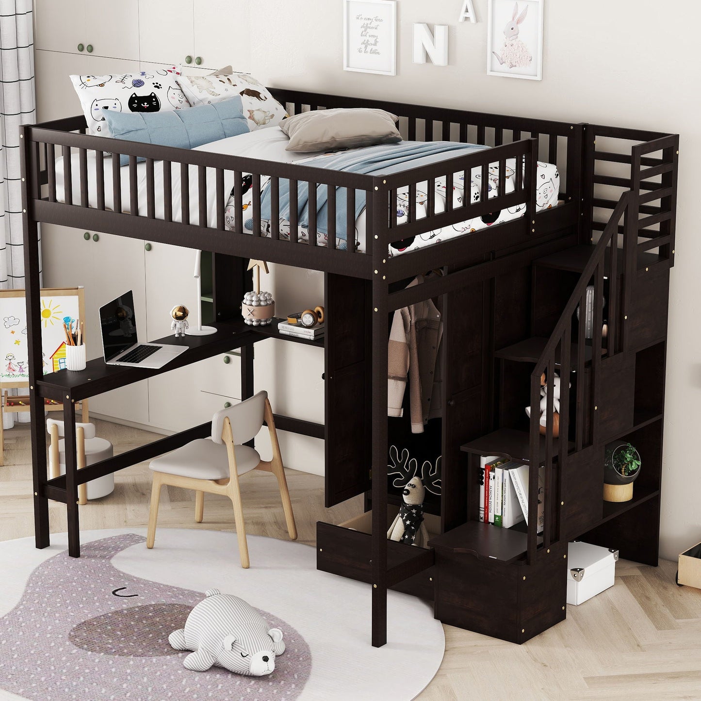 Loft Bed With Bookshelf, Drawers, Desk, And Wardrobe