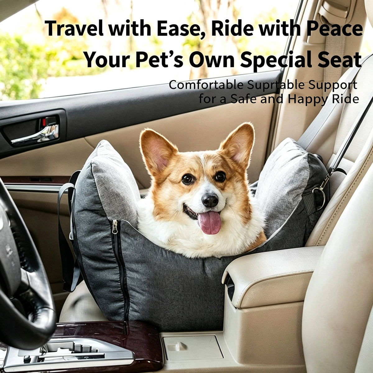 Dog Car Seat Portable Travel Pet Car Bed Safety Carrier Anti Escape Dog Booster Seat For Small Medium Dogs Cats Washable Soft Pet Car Seat With Storage Pocket & Safety Leash
