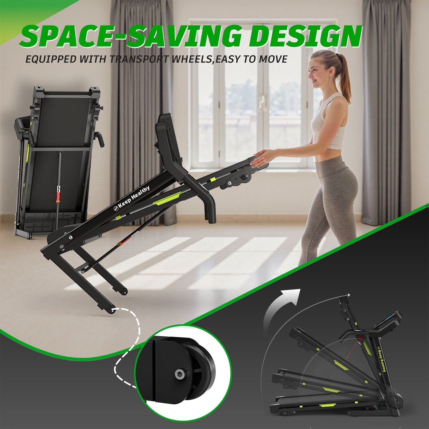 Foldable Treadmill With Incline For Home, Electric Running Machine With Speed Control, Pulse Monitor, 12 Training Programs - Black