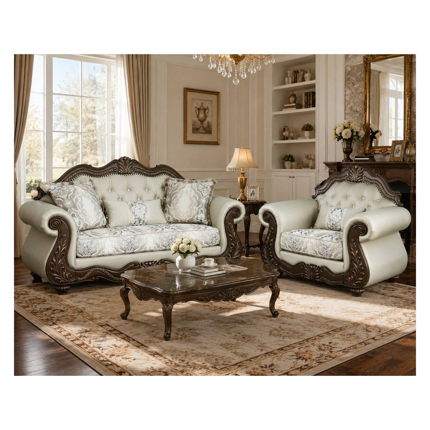 Pierce 2-Piece Traditional Living Room Set, Upholstered Loveseat and Accent Chair with Carved Wood Frame