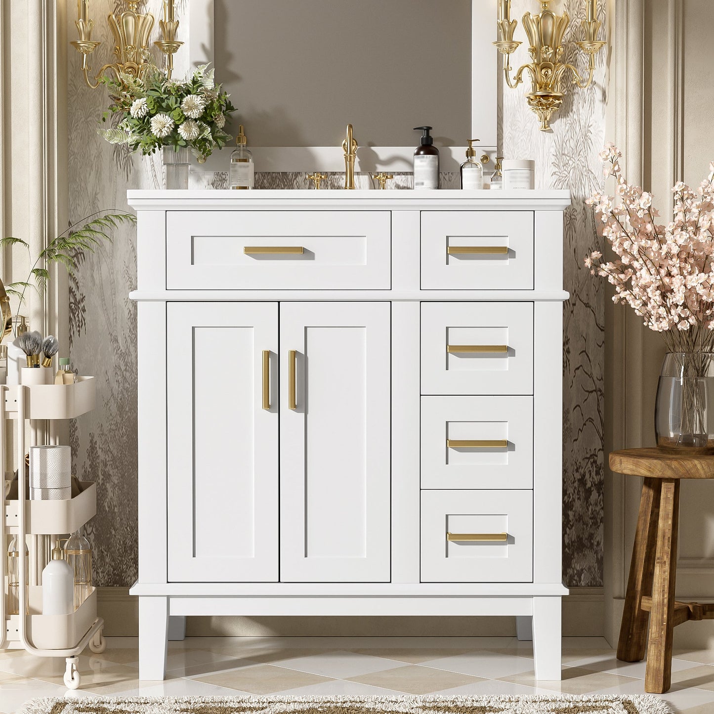 30" Bathroom Vanity with Ceramic Sink and Modern Storage Cabinet