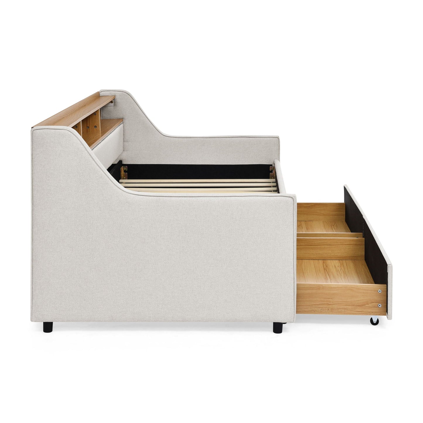Twin Upholstered Sofa Bed With LED Lights, Storage Drawers, Adjustable Headboard & Wireless Charging - Beige