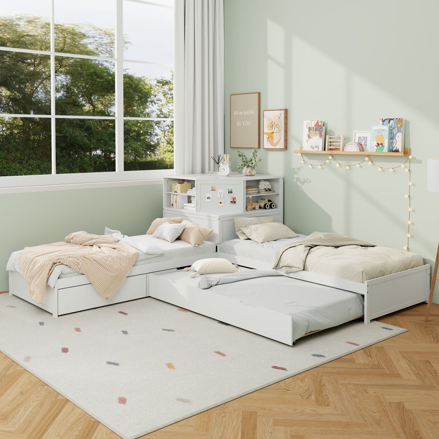 L-Shaped Bed Frame With Trundle, Built In Desk & LED Lighting