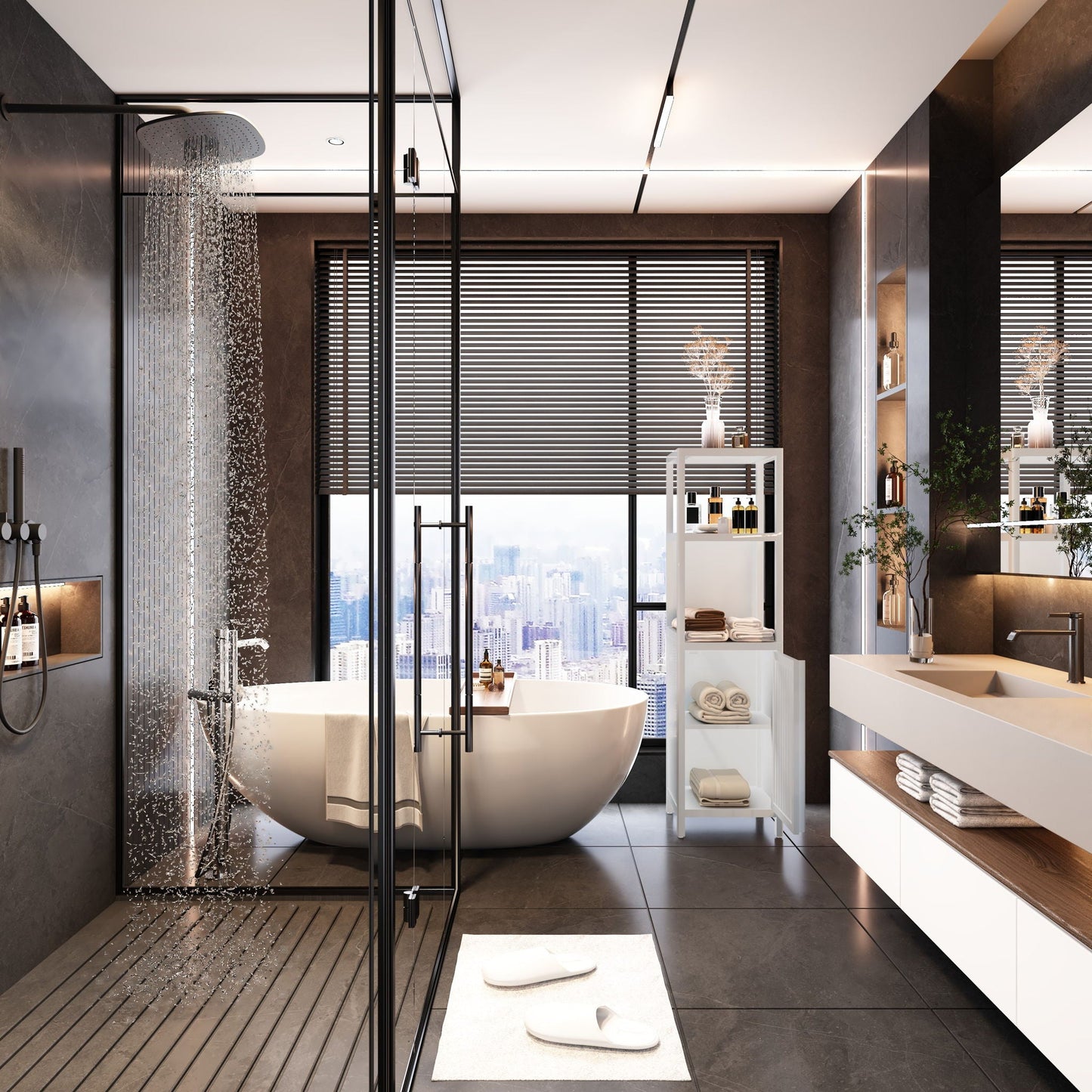 Storage Cabinet With Tall Tower, Multifunctional For Bathroom