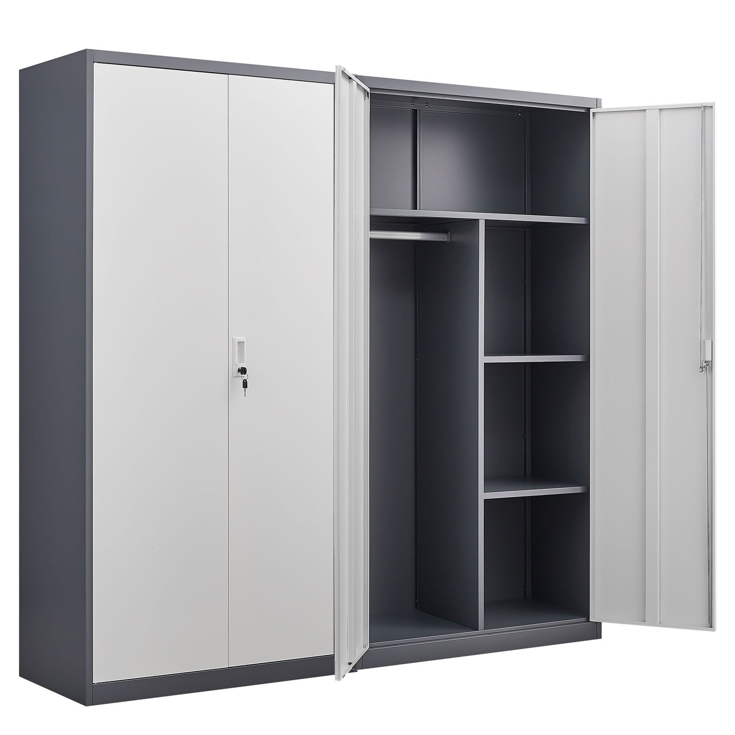 Wardrobe With Hanging Rod And Compartments, Lockable Closet With Locks & Keys For Bedroom - Gray
