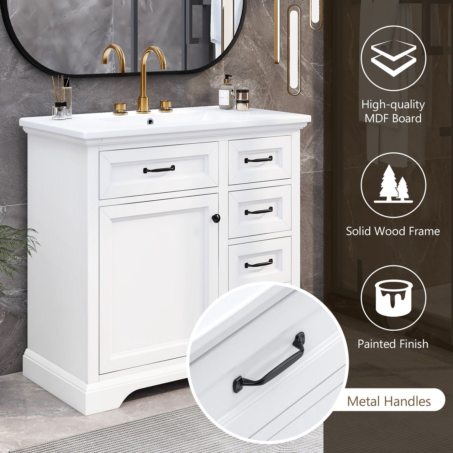 36" Bathroom Vanity With Sink, 2 Tip-Out Drawers, Soft Close Hinges