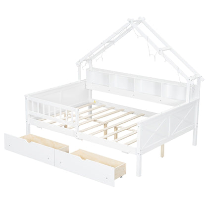 House Style Platform Bed With LED Lights, Storage Shelves, Drawers, And Guardrail