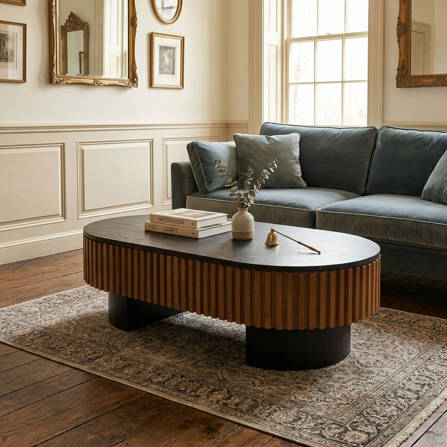 Elliptical Living Room Coffee Table With Hidden Storage And Removable Tabletop