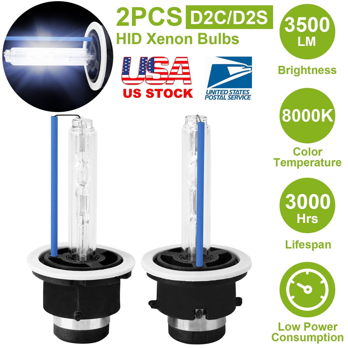 2PCS D2C/D2S HID Xenon Light Bulbs 35W 8000K 3500LM Headlight Replacement Bulbs