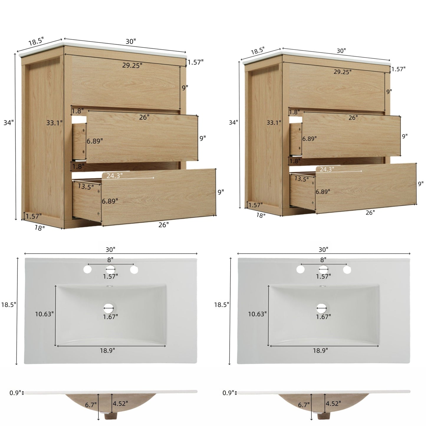Double Sinks Bathroom Vanity Set with 2 Ceramic Basins