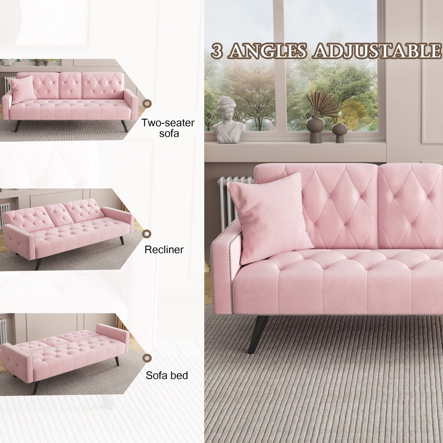 Sofa Bed With Nail Head Trim And Cup Holders - Pink