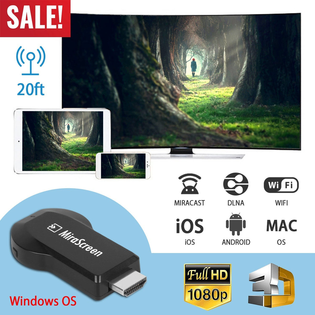 1080P Wireless Display Adapter Miracast Dongle for Android IOS TV Streaming Media Player