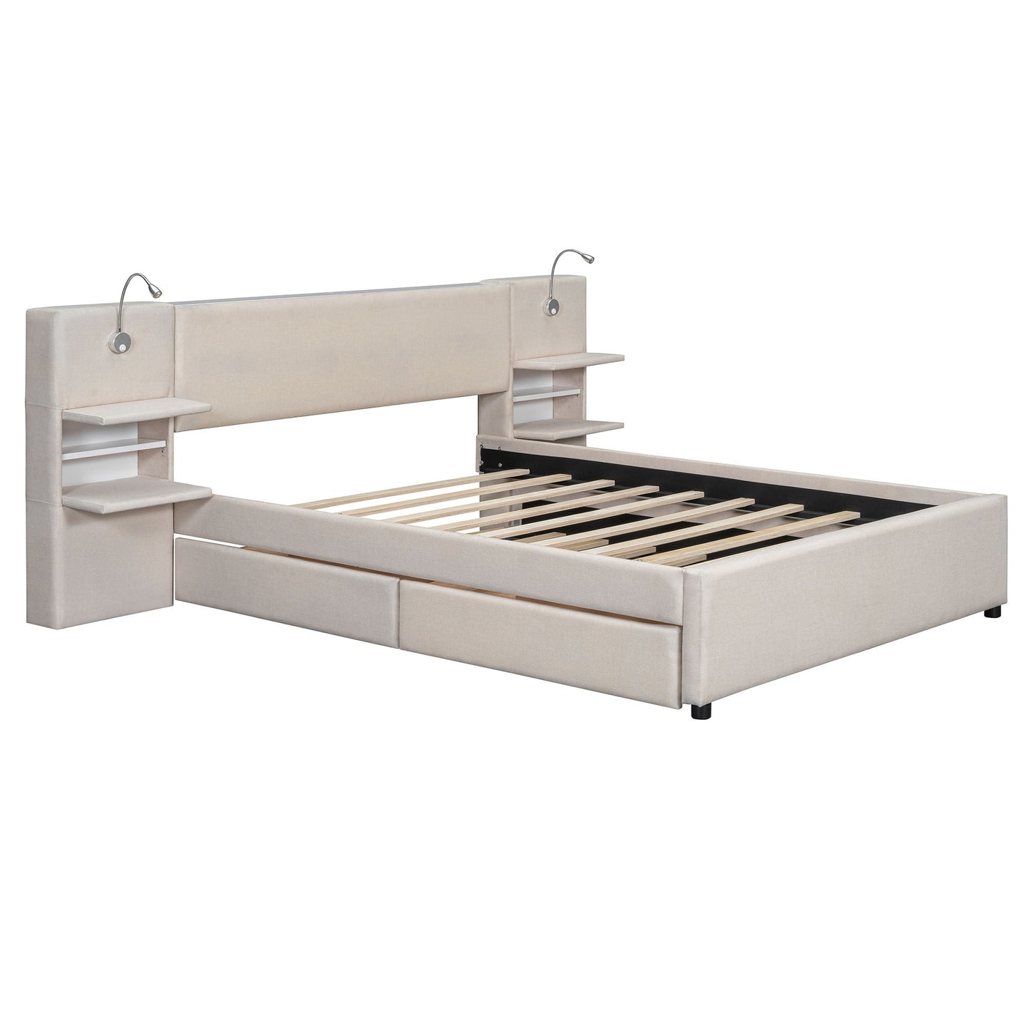 Upholstered Platform Bed With Reading Lights, Drawers, Trundle And Shelves