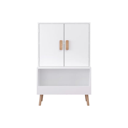 Toy Storage Cabinet With Doors And Open Shelf, Toddler Bookshelf For Playroom - White
