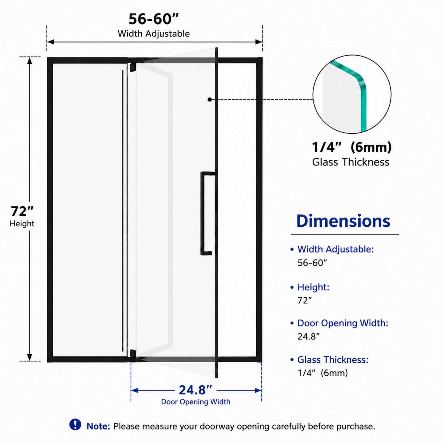 Semi-Frameless Pivot Hinged Glass Shower Door 56-60 in W x 72 in H, Matte Black