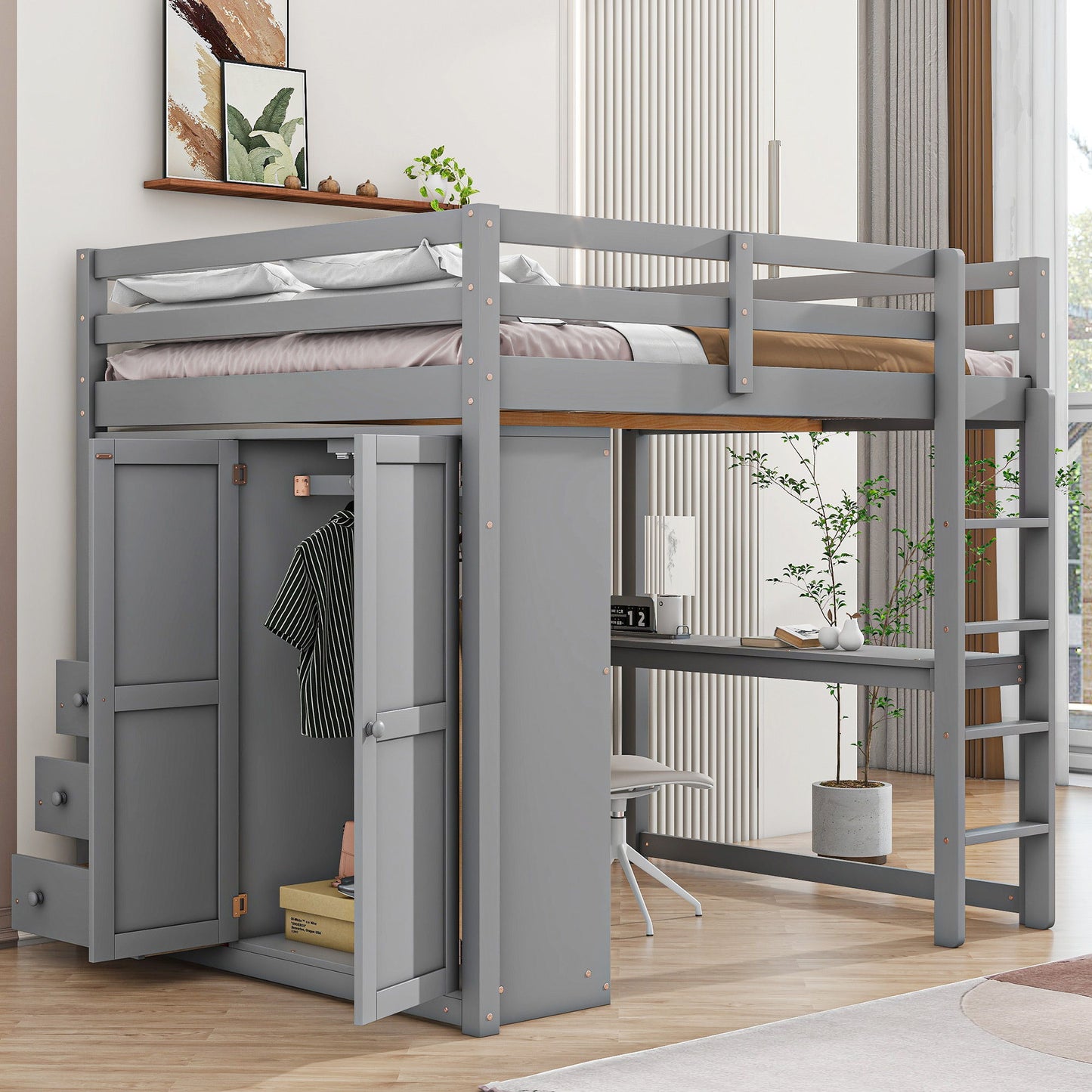 Loft Bed With Built In Wardrobe, Shelves And Drawers