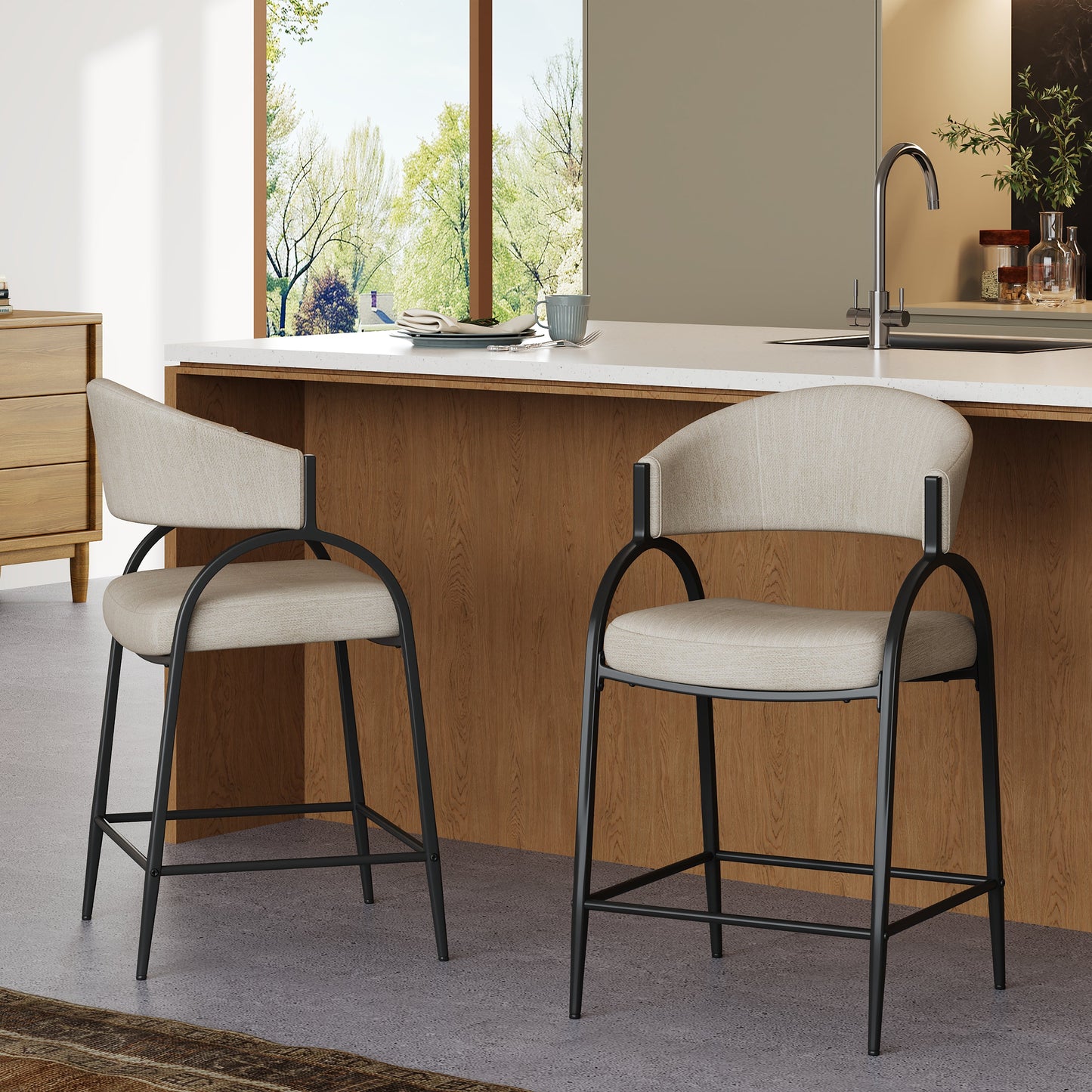 25'' Seat Height Modern Fabric Bar Stools with Back