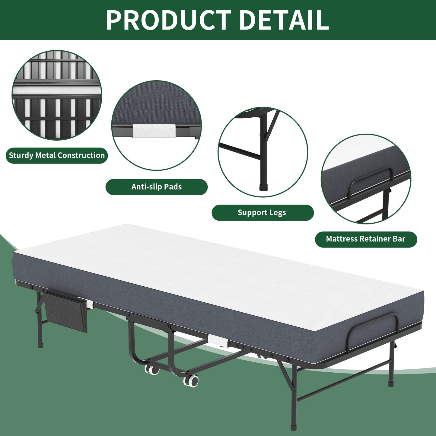 75 Inch Folding Bed with 5" Memory Foam Mattress