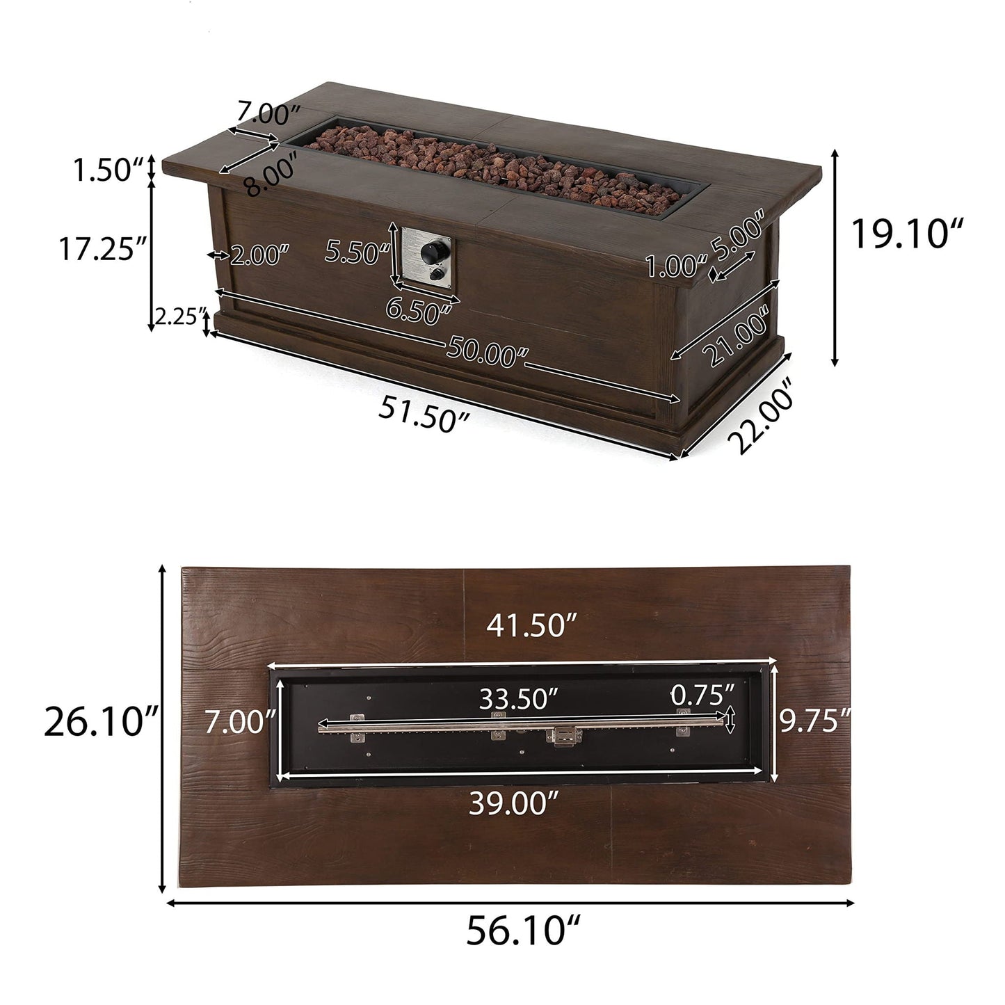 Transitional Rectangular Outdoor Propane Fire Pit With 50,000 BTU