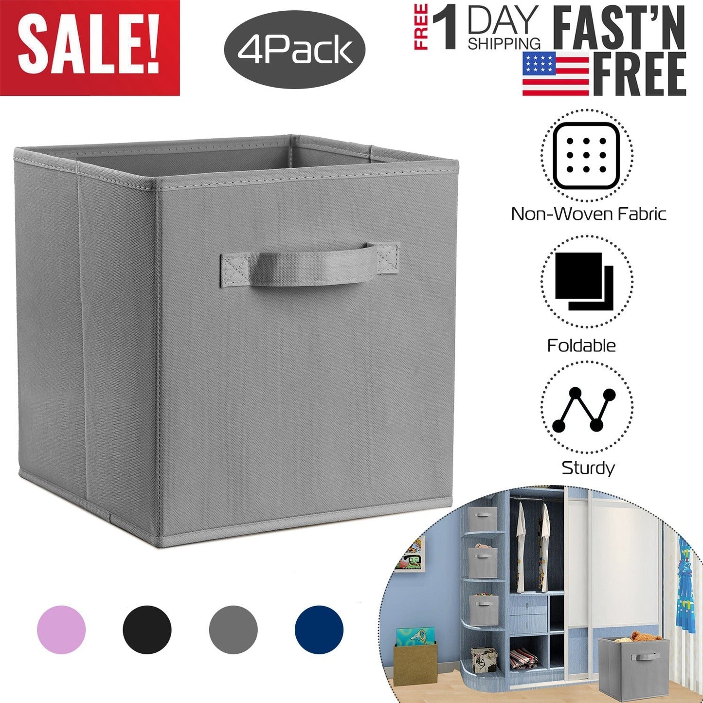 iMounTEK 4 Pack Foldable Storage Cube Bins Cloths Closet Space Organizer Basket Shelves Box for Clothes Toys Books Cabinet
