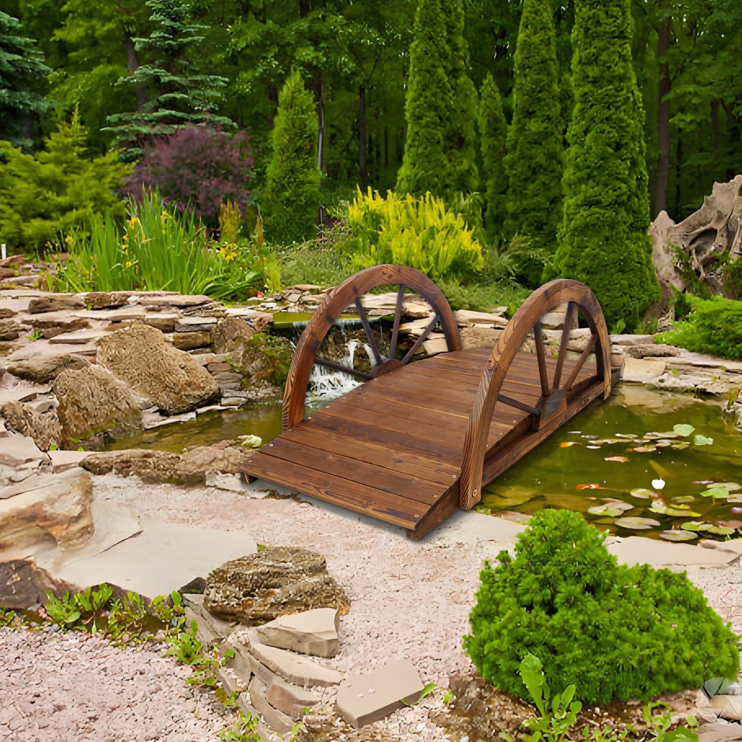 Wooden Garden Bridge Arc Footbridge With Half Wheel Railings Solid Fi - Brown