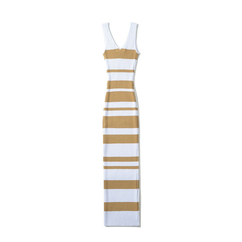 European And American Hot Girl Double V-neck Color Sleeveless Knitted Dress Intellectual Elegant Skinny Sheath