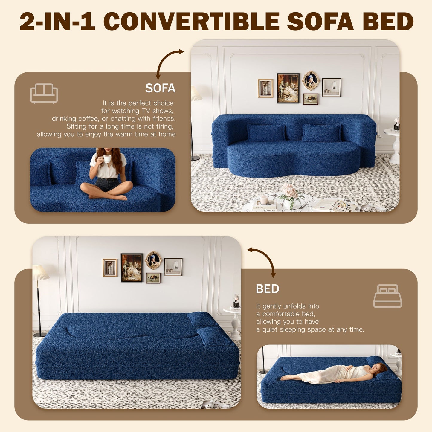Modern Floor Sleeper Sofa Bed With 2 Pillows, Convertible Twin Size Folding Mattress For Living Room