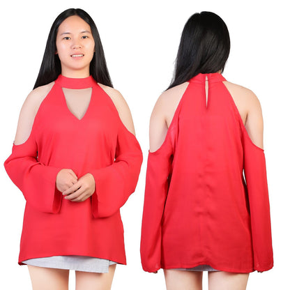 Women\'s Sexy Off The Shoulder Blouses Cold Shoulder Tops V-Neck Long Sleeve T-Shirt Solid Color Summer