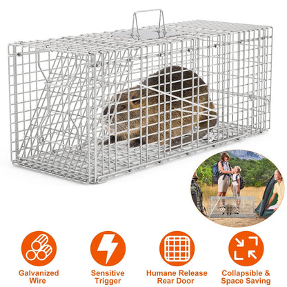 Humane Cat Trap Cage Catch Release Live Animal Rodent Cage Collapsible Galvanized Wire for Raccoons Beavers Groundhogs Foxes Armadillos