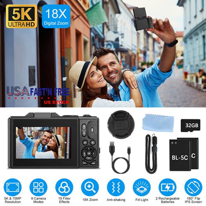 5K 75MP Camera – WiFi, 18X Zoom, Vlogging, Webcam, 32GB, 2 Batteries