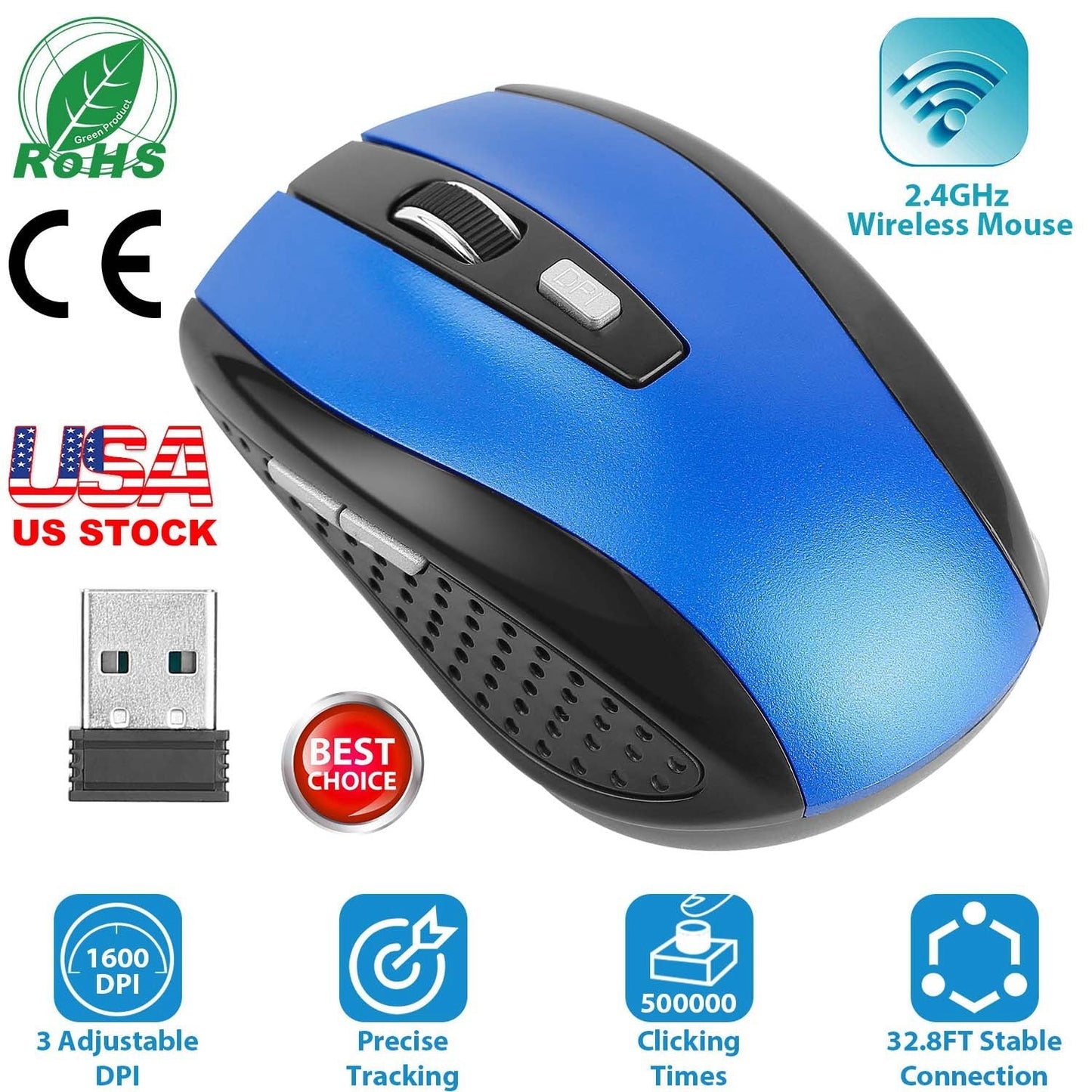 2.4G Wireless Gaming Mouse Optical Mice w/ Receiver 3 Adjustable DPI 6 Buttons For PC Laptop Computer Macbook
