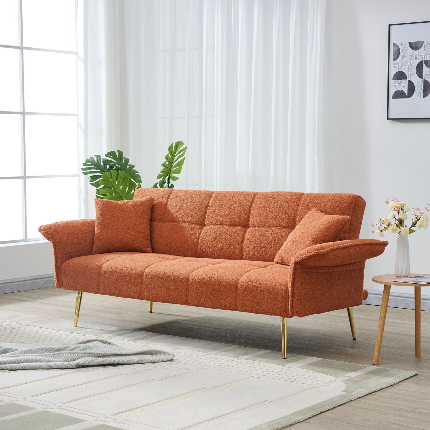 Convertible Double Futon Sofa Bed With Folding Armrests For Living Rooms