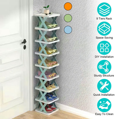 9Tier Narrow Entryway Shoe Rack Plastic Vertical Shoe Organizer Space Saving Free Standing Shoes Storage Shelf Closet Hallway