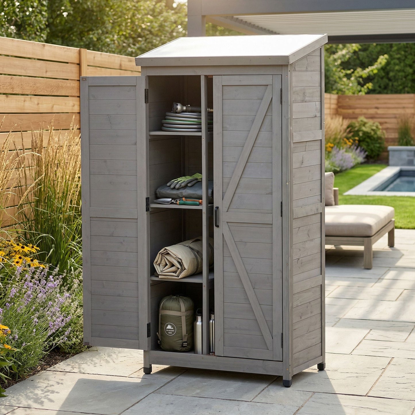 Outdoor Storage Shed With Vertical Tool Cabinet For Backyard