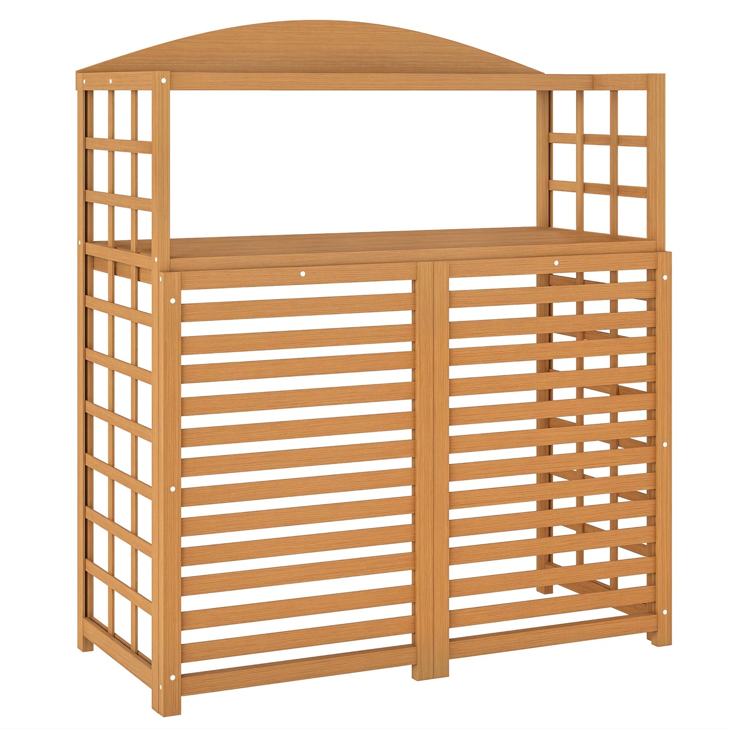 Outsunny Wood Air Conditioner Fence, Outdoor Privacy Screen Potting Table with Shelves