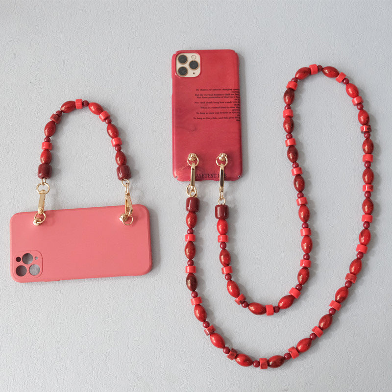 Fashionable Red Beaded Chain Accessory Crossbody Lanyard Bag