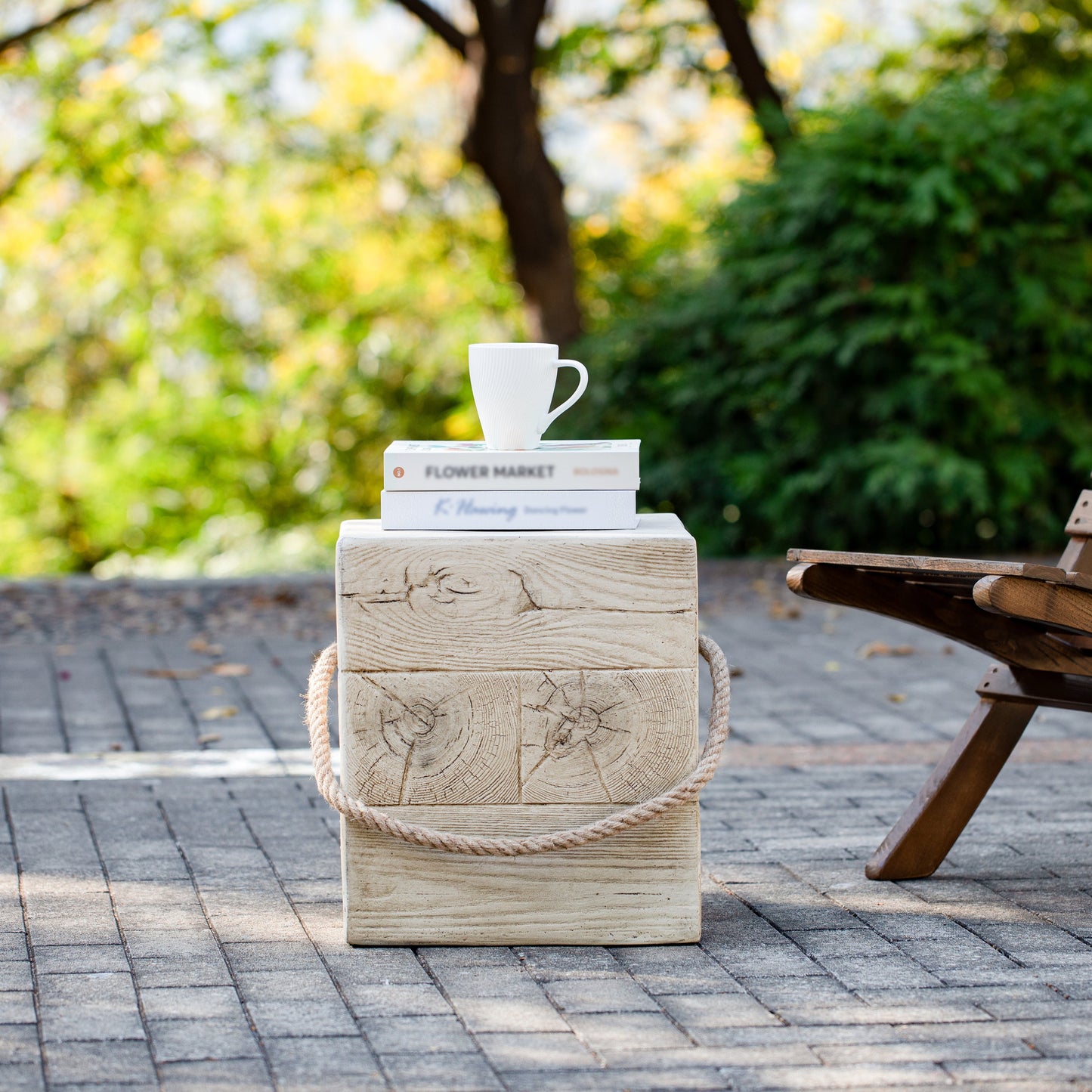 Outdoor Wood Grain Square MGO Side Table with Simulated Braided Cord