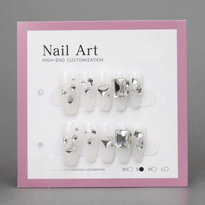 White Rhinestone Coffin Acrylic Nails